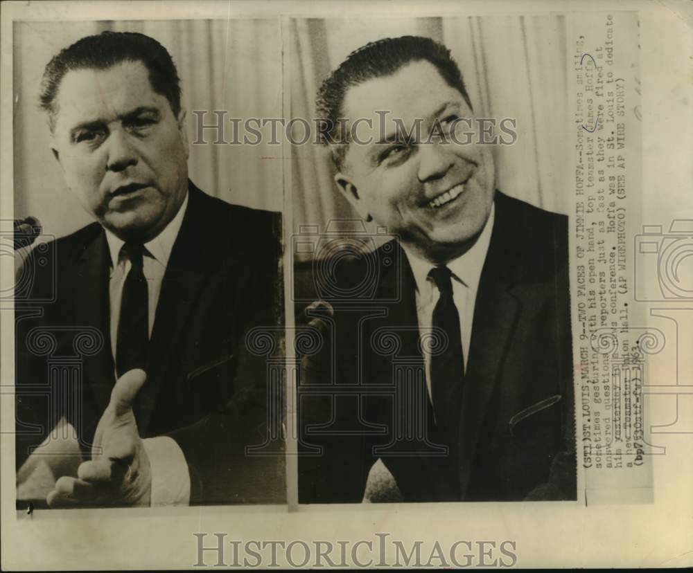 1963 Press Photo Teamster Jimmy Hoffa at news conference in St. Louis, Missouri- Historic Images