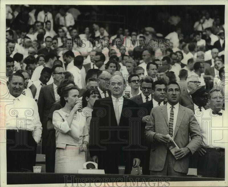Load image into Gallery viewer, 1963 Press Photo Protective Service agents protect Secy of State Rusk at game
