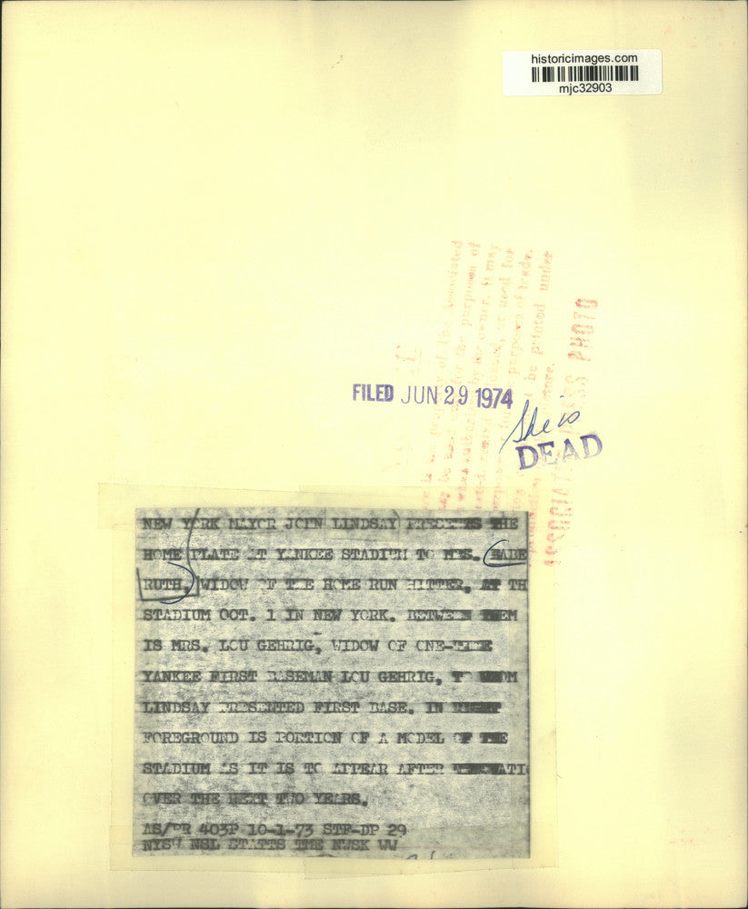 1973 Press Photo Home base plate presented to widow of Babe Ruth, New York.