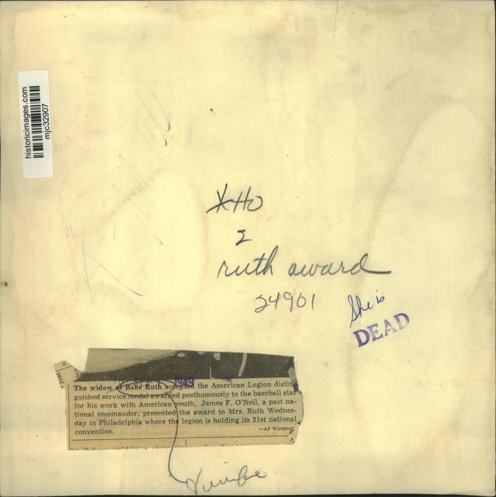 1949 Press Photo Mrs. Babe Ruth and James F. O'Neill at Philadelphia Legion.