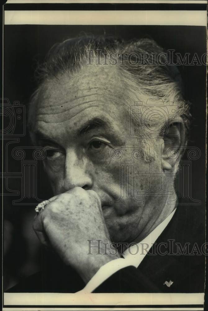 Load image into Gallery viewer, 1973 Press Photo Maurice Stans at Senate Watergate committee hearing
