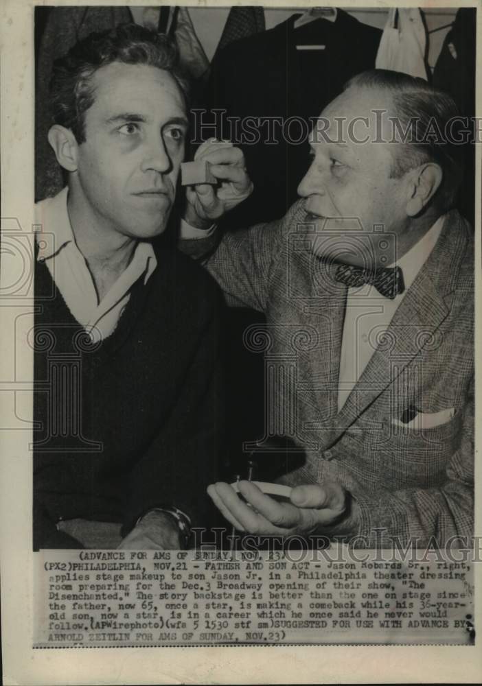 1958 Press Photo Actors Jason Robards Sr. and Jr. apply stage makeup backstage.- Historic Images