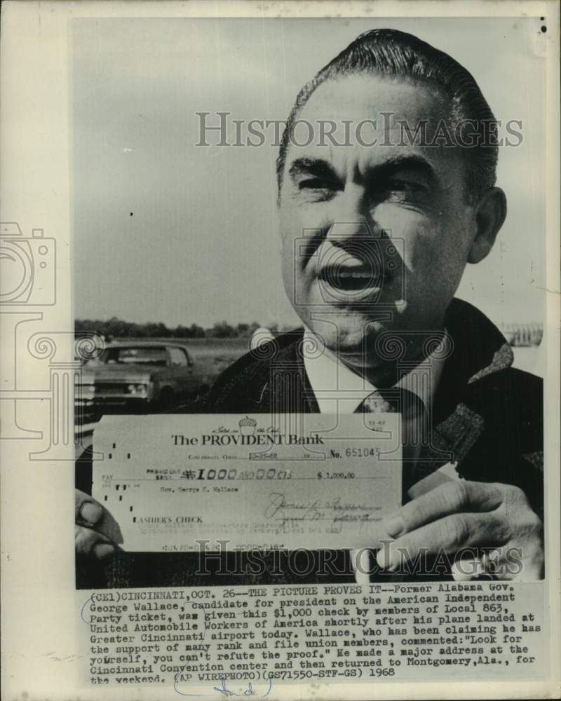 1968 Press Photo Former Alabama Governor George Wallace (Ind.), Cincinnati Ohio.- Historic Images