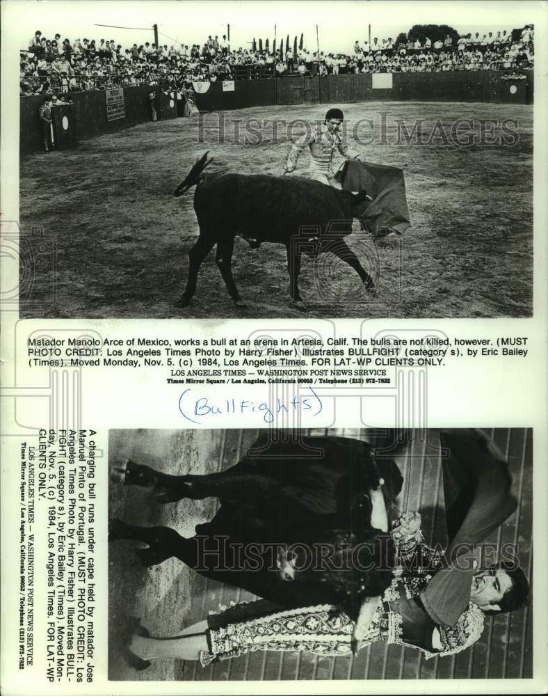 1984 Press Photo Matador Manolo Arce of Mexico works bull in Artesia, California- Historic Images