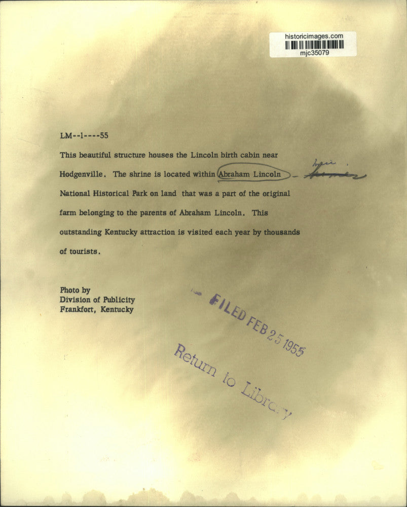 1955 Press Photo Shrine located within Abraham Lincoln National Historical Park