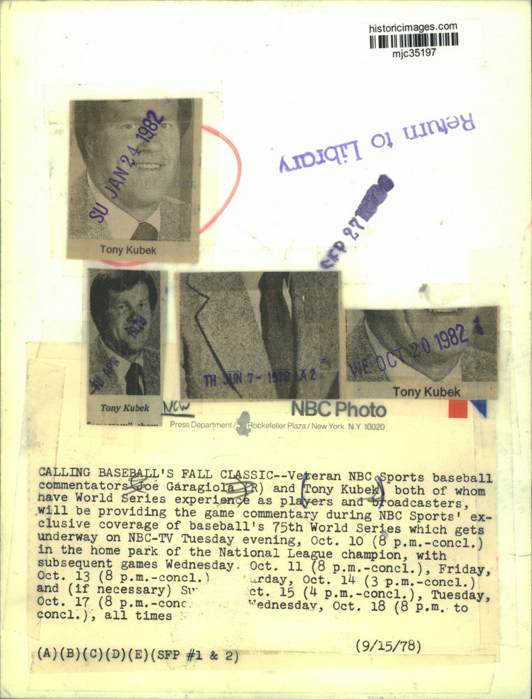 1978 Press Photo NBC Sports Baseball Commentators Joe Garagiola and Tony Kubek