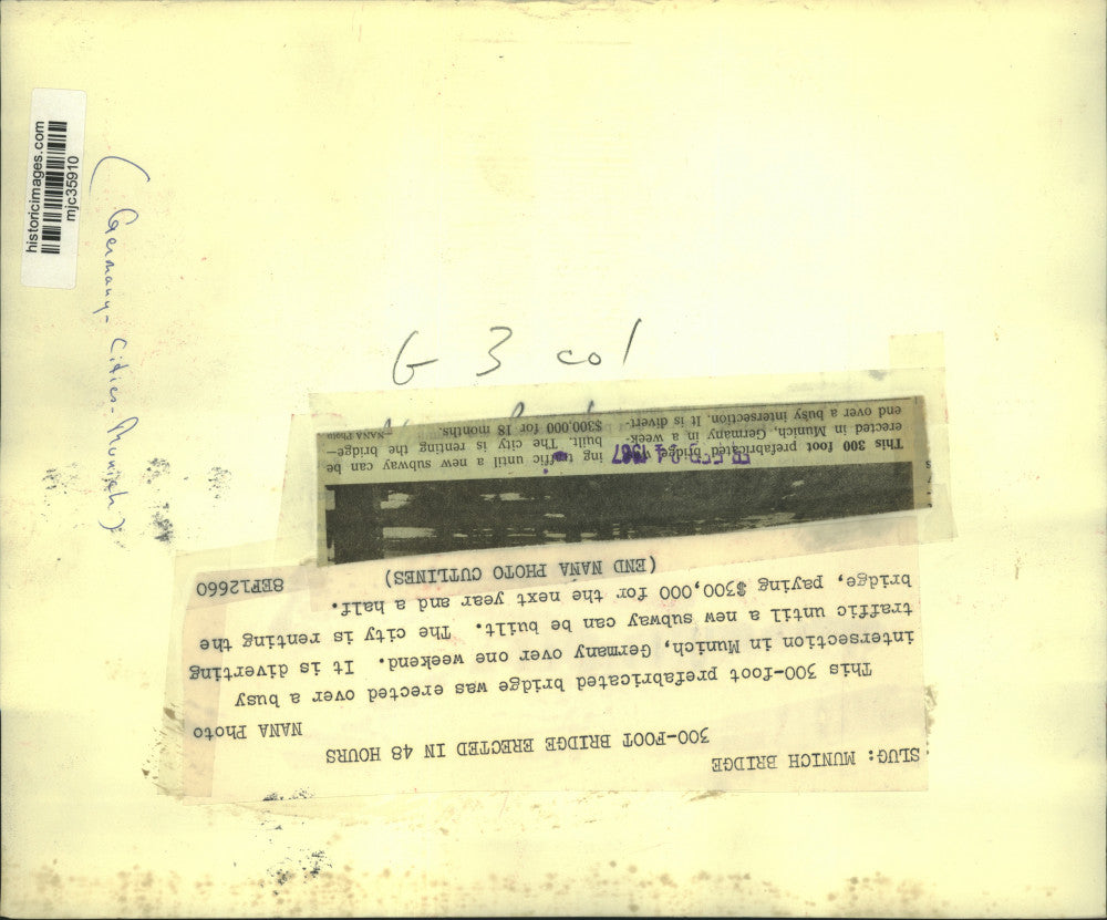 1967 Press Photo 300 Foot Prefabricated Bridge in Munich Germany - mjc35910