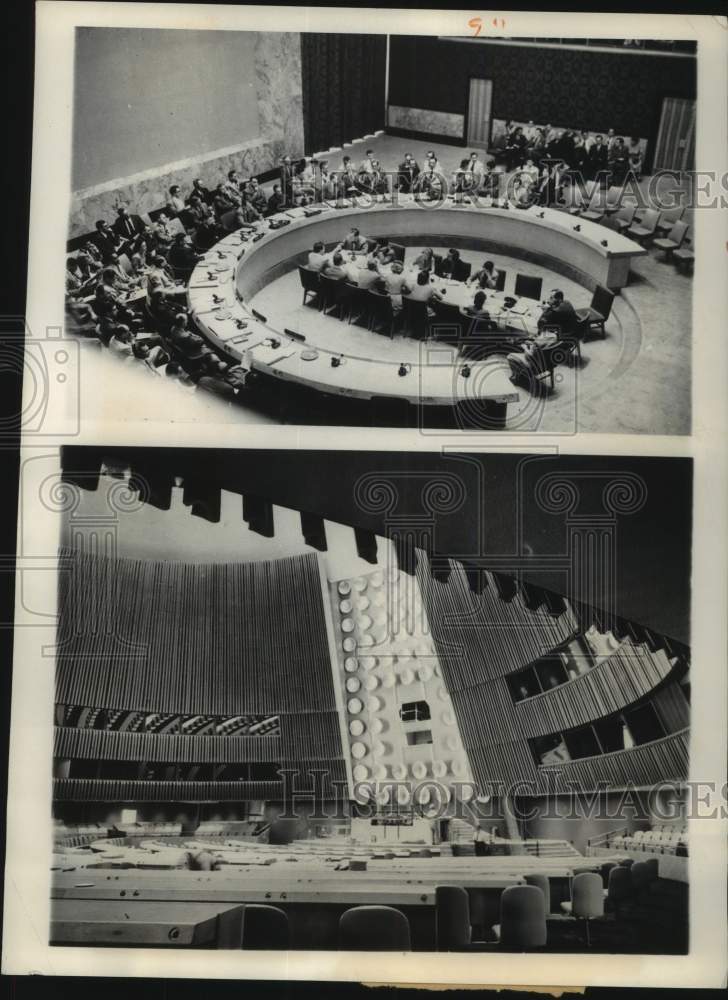 Load image into Gallery viewer, 1952 Press Photo Circular Walls And Horseshoe Table In United Nations Building
