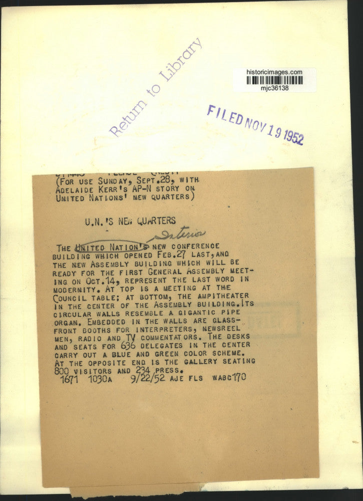 1952 Press Photo Circular Walls And Horseshoe Table In United Nations Building