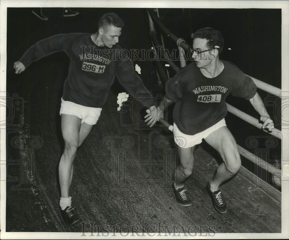 1956 Press Photo Washington&#39;s Ken Springer, Jim Gehm Aim For Journal Track Meet- Historic Images