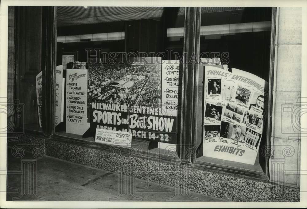 1964 Press Photo Posters and ad materials for The Milwaukee Sentinel Sports Show- Historic Images