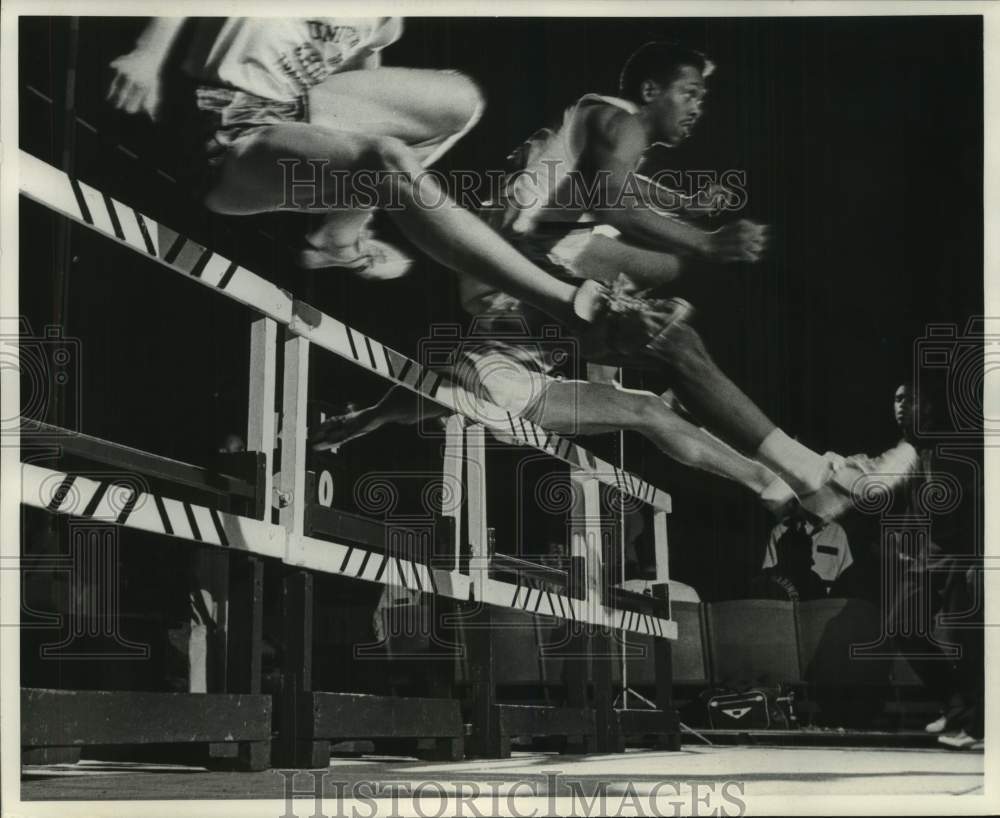 1962 Press Photo Hurdlers during preliminary heat, Milwaukee Journal Track Meet- Historic Images