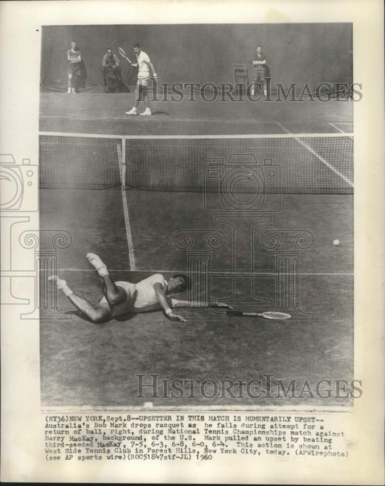 1960 Press Photo Bob Mark, Barry MacKay in Tennis Match, Forest Hills, New York- Historic Images