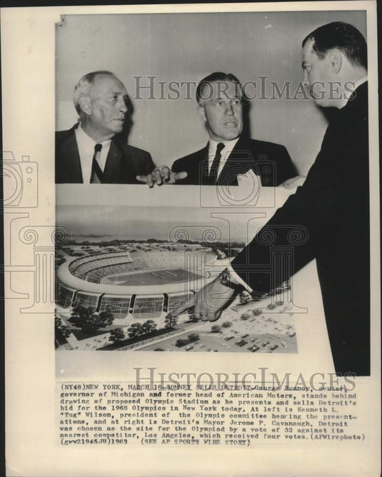 1963 Press Photo Governor George Romney and others talk about Detroit Olympics.- Historic Images
