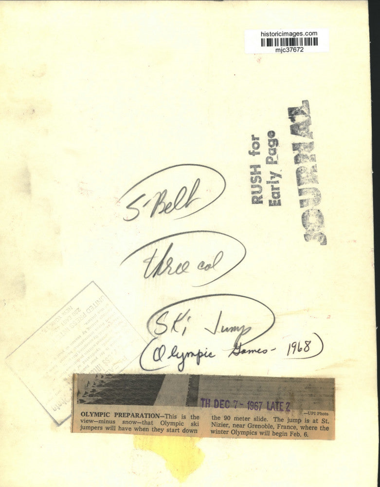 1967 Press Photo Olympic 90 meter slide ski jump in Grenoble, France - mjc37672