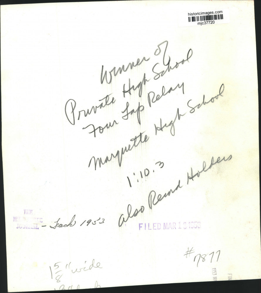 1953 Press Photo Winner of Private High School, Four lap relay, Marquette High