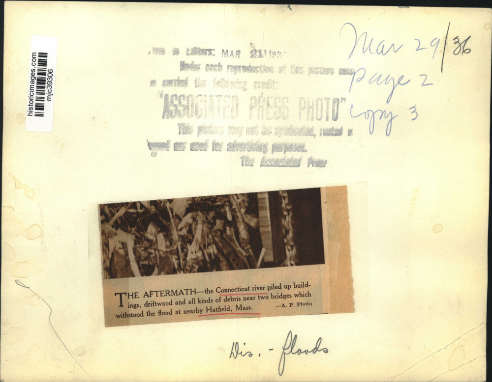 1936 Press Photo Connecticut River Piles Debris After Flood in Massachusetts