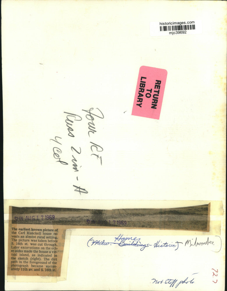 1969 Press Photo earliest known picture of the Carl Kunckell house, Wisconsin