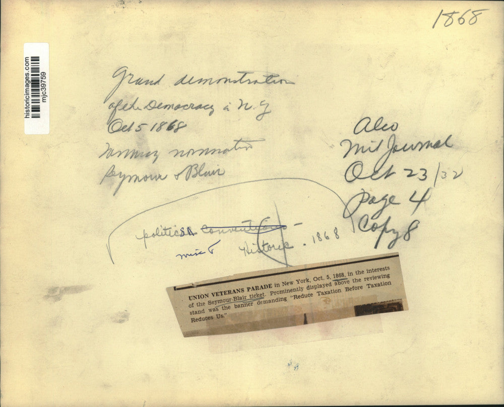 1932 Press Photo Drawing of Union veterans parade in New York, October 5, 1868