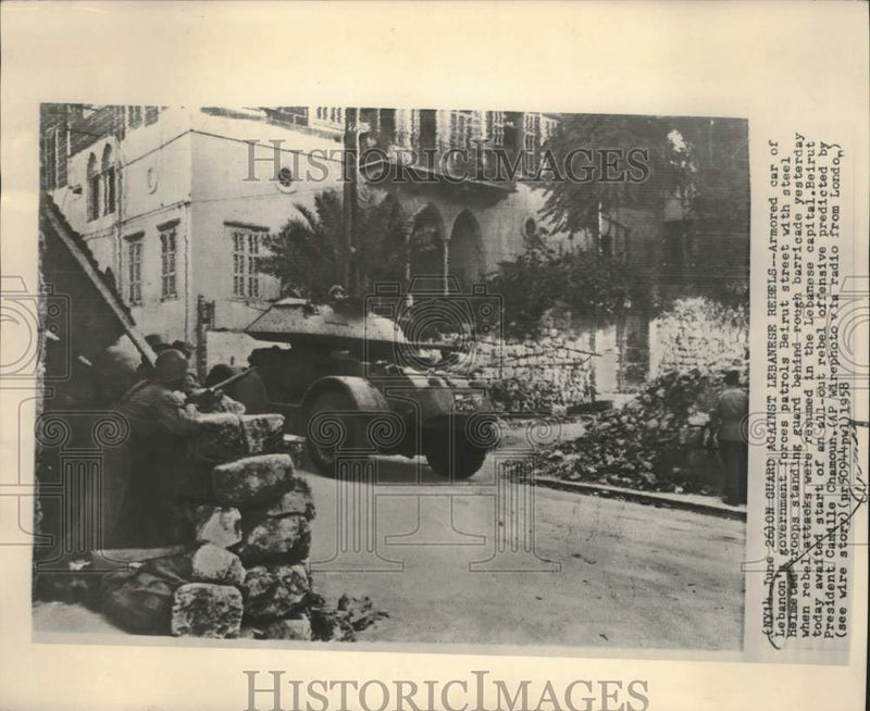 Load image into Gallery viewer, 1958 Press Photo Armored Car, Lebanon's government forces patrols Beirut streets
