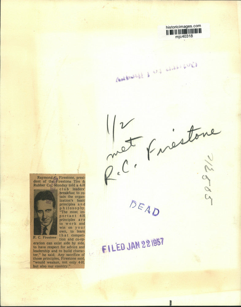 1957 Press Photo Raymond C. Firestone, The Firestone Tire & Rubber Co. president