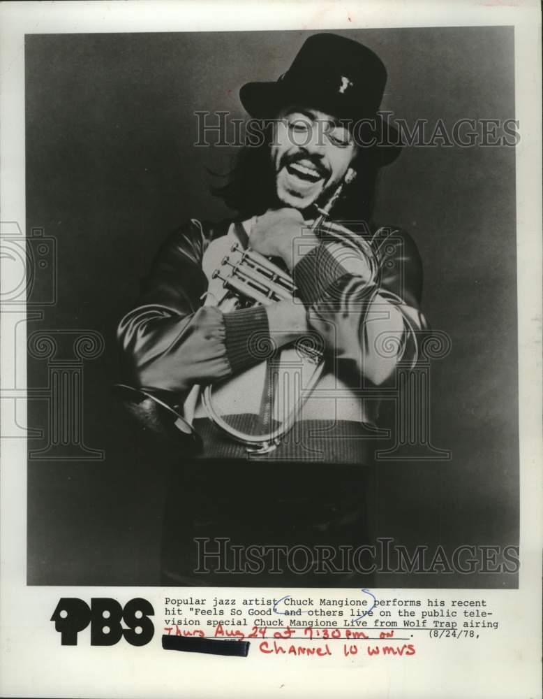 1978 Press Photo Portrait of jazz artist Chuck Mangione with his instrument- Historic Images