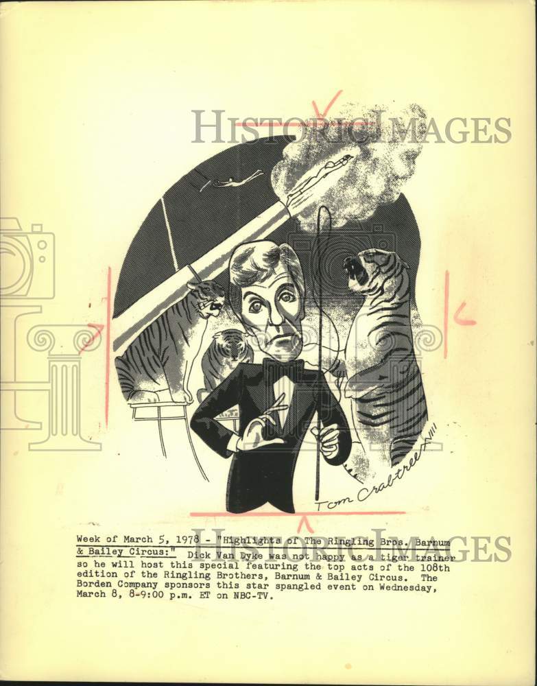 1978 Press Photo Illustration of Dick Van Dyke as a tiger trainer in the circus- Historic Images