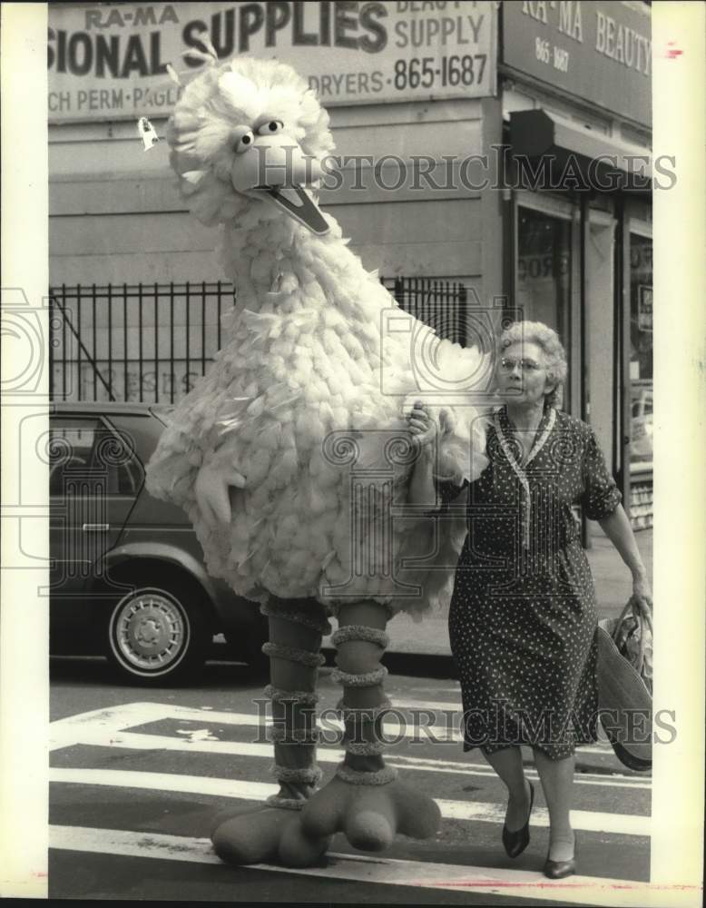 1988 Press Photo Big Bird visits New York City for a &quot;Sesame Street&quot; special- Historic Images