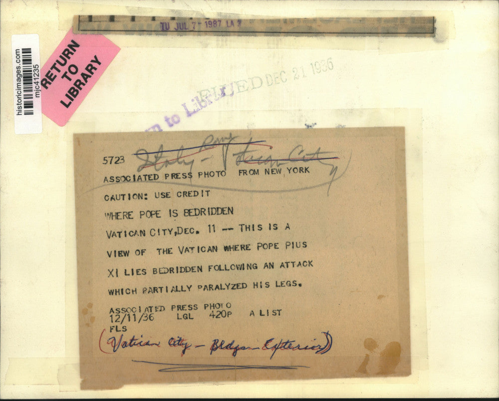 1936 Press Photo Exterior view of Vatican City, Rome, Italy - mjc41235