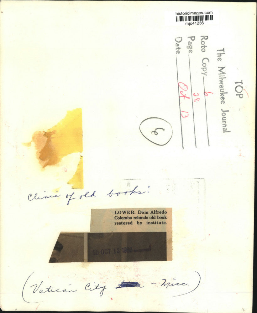 1968 Press Photo Dom Alfredo Colombo rebinds old book, Vatican City, Rome, Italy