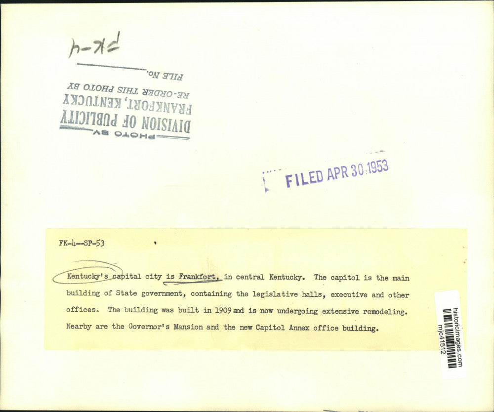 1953 Press Photo Exterior of Capitol, main state building, Frankfort, Kentucky