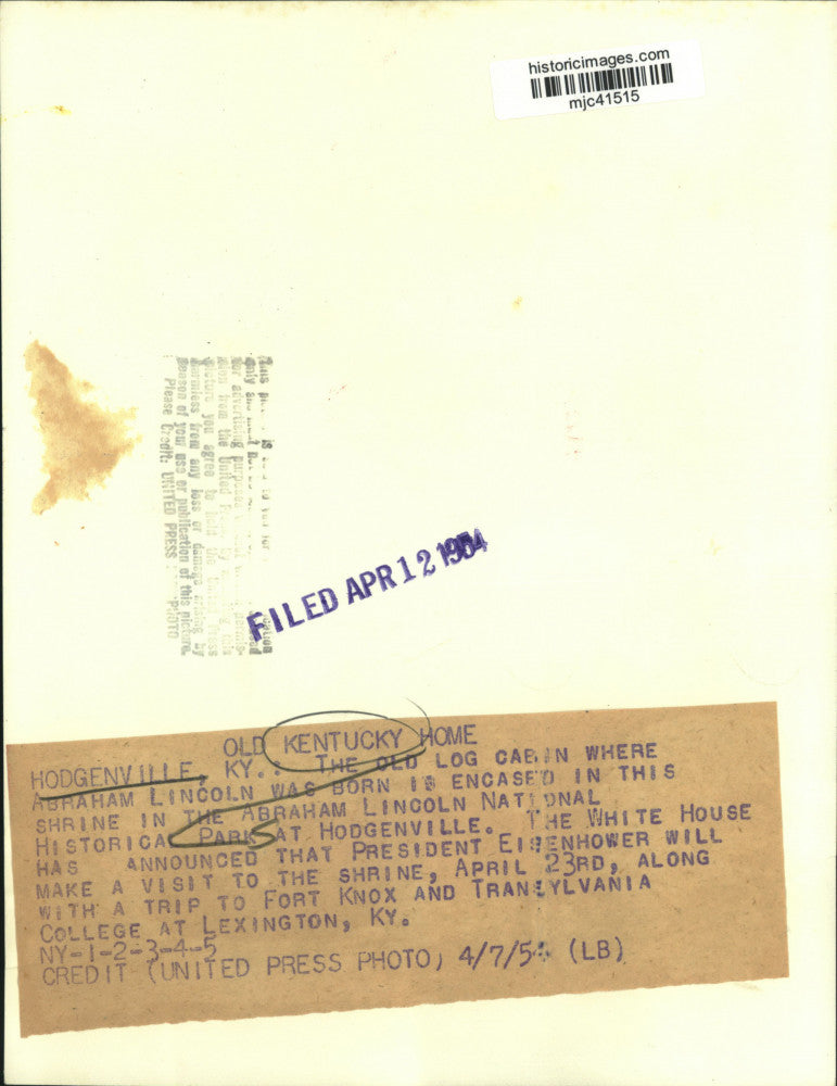 1954 Press Photo Abraham Lincoln National Historical Park, Hodgenville, Kentucky