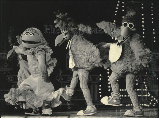 1984 Press Photo Sesame Street on stage for "Missing Bird Mystery," at MECCA.- Historic Images