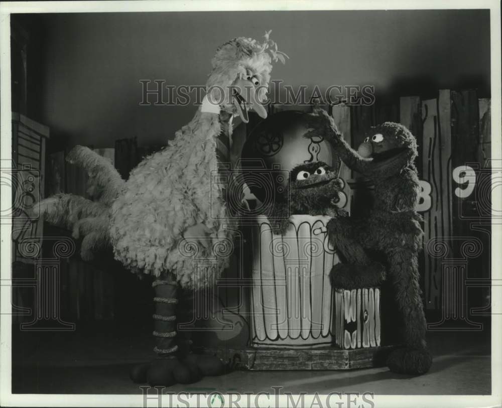 1982 Press Photo Big Bird, Oscar the Grouch and Grover on &quot;Sesame Street.&quot;- Historic Images