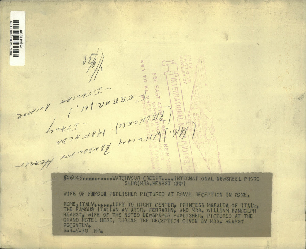 1930 Press Photo Mrs. W. R. Hearst at Reception for Italian Royalty, Grand Hotel