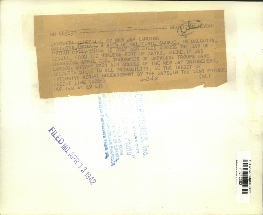 1942 Press Photo Dalhousie Square, Calcutta, India, on Bay of Bengal - mjc42382