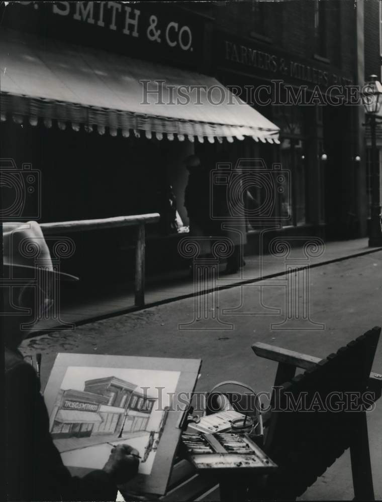 1953 Press Photo Stanley J. Krolikowski's Painting at "Street in Old Milwaukee"