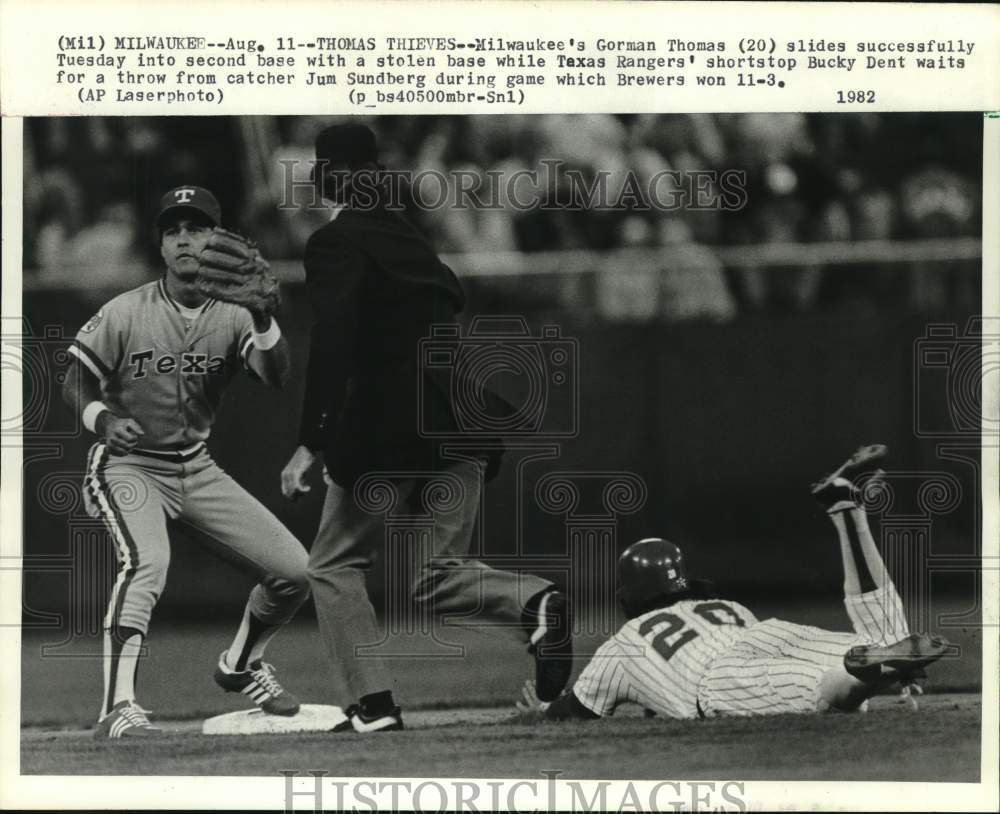 1982 Press Photo Milwaukee Brewers Gorman Thomas Slides Into Second on Steal- Historic Images