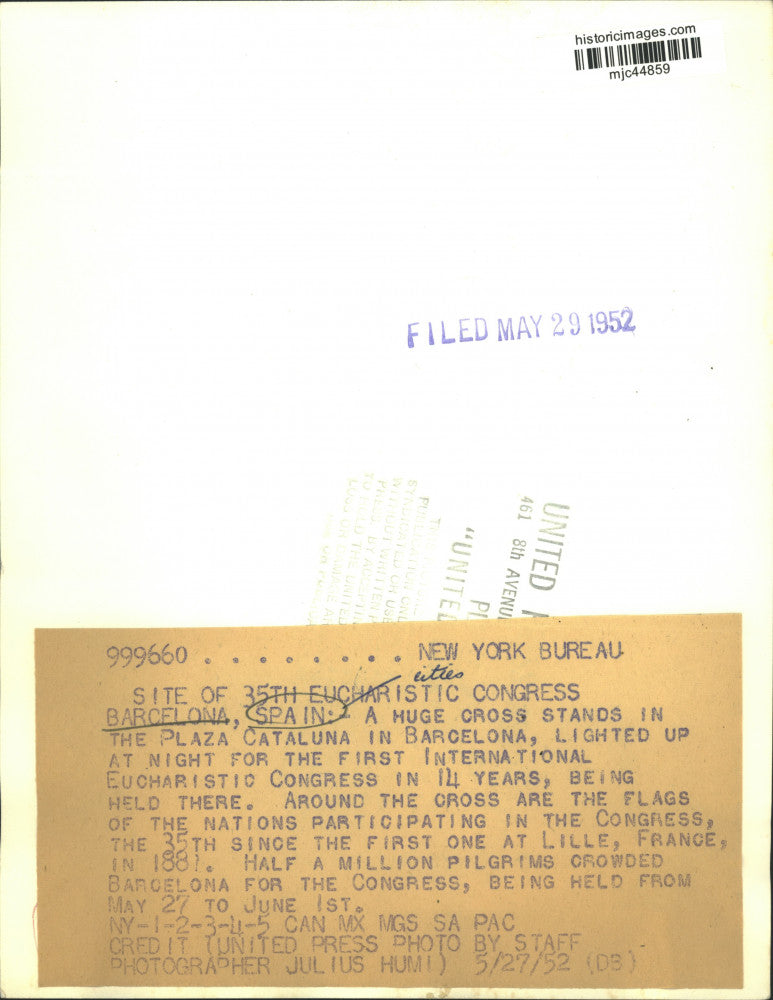 1952 Press Photo Large Lighted Cross in Plaza Cataluna in Barcelona, Spain