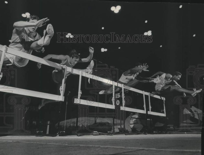 Load image into Gallery viewer, 1969 Press Photo Milwaukee Journal Track Meet 50 Yard High Hurdles - mje01695
