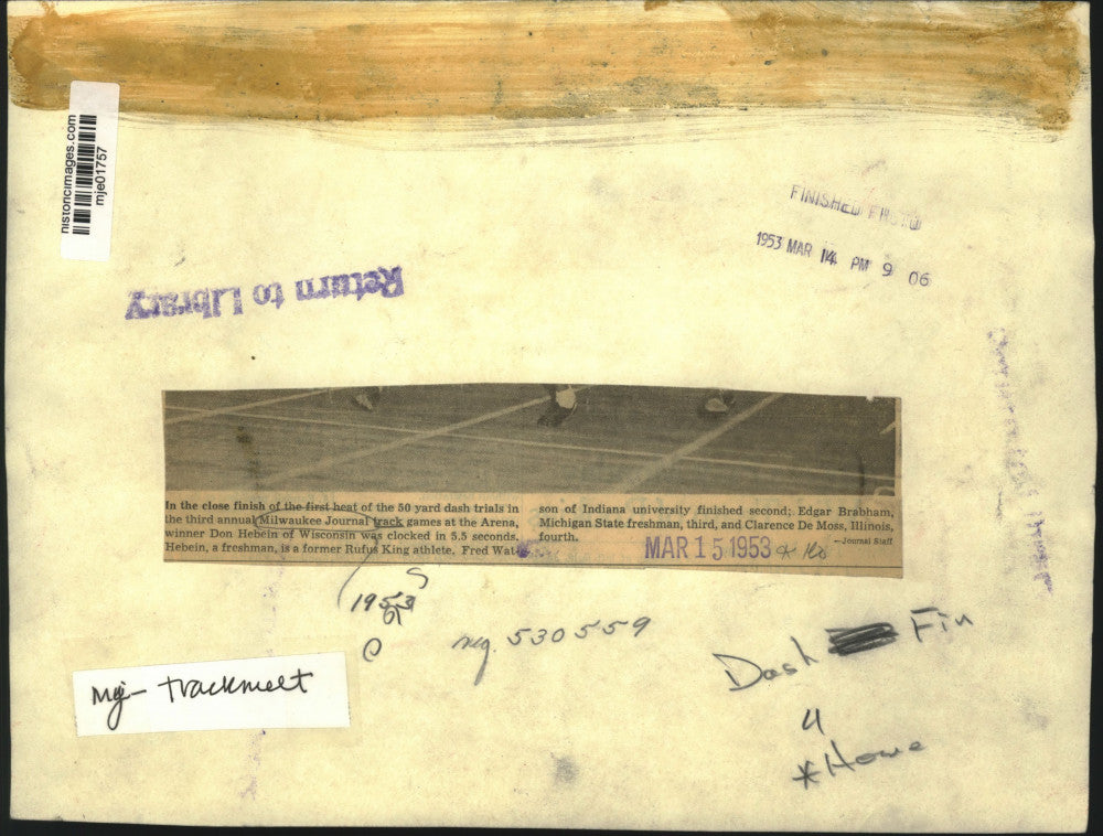 1953 Press Photo Runners finish 50 yard dash, Milwaukee Journal track games, WI