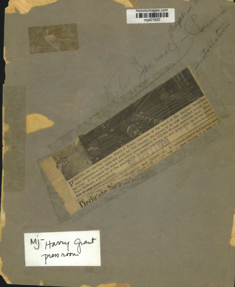 1939 Press Photo The Journal's board chairman, Harry Grant starts new press, WI