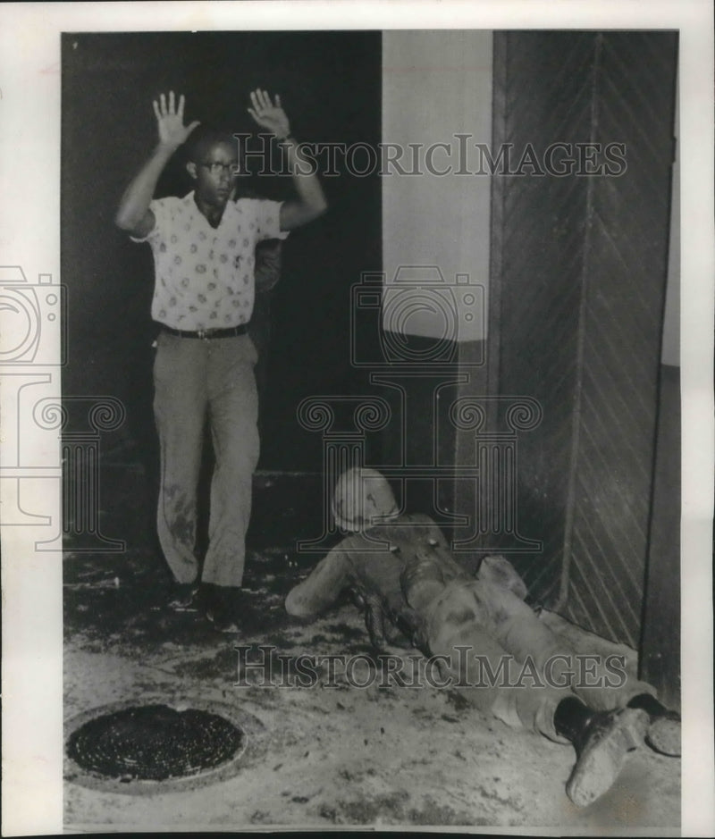 Load image into Gallery viewer, 1965 Press Photo Rebel, his hands up, captured by American troops, Santo Domingo
