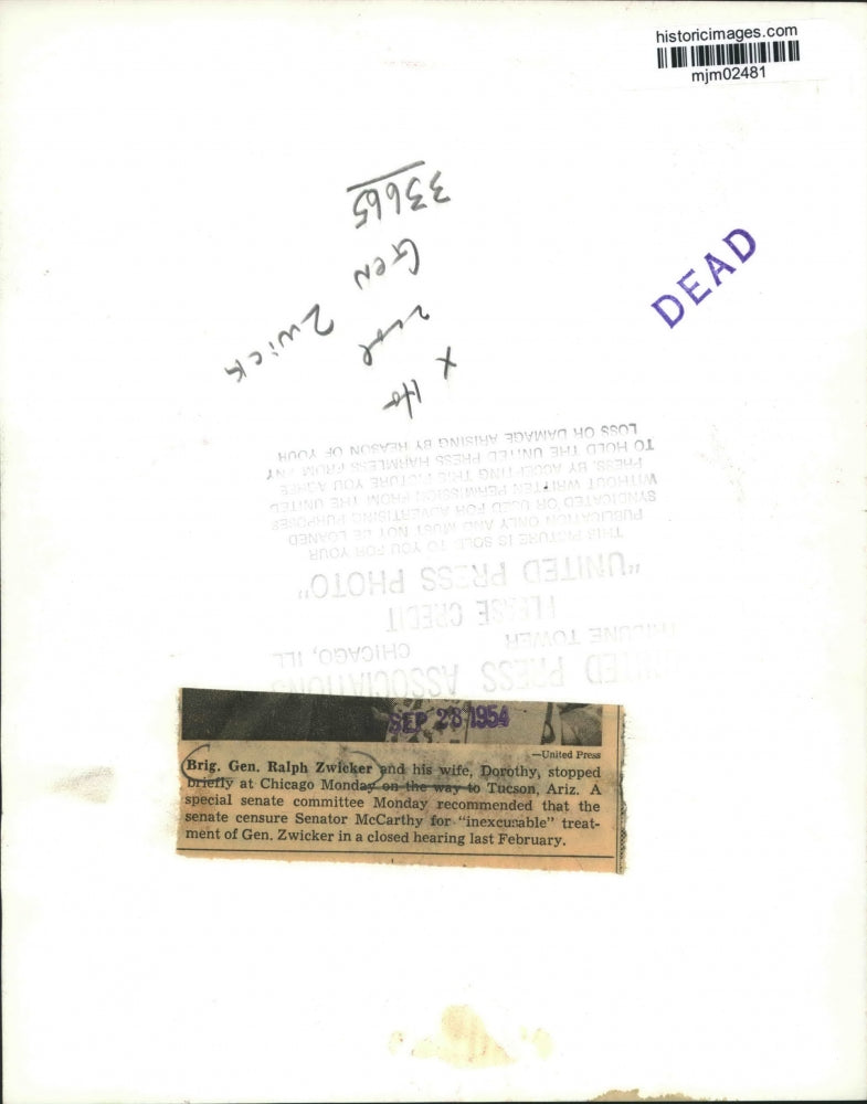 1954 Press Photo Brigadier General Ralph Zwicker and Wife Dorothy - mjm02481