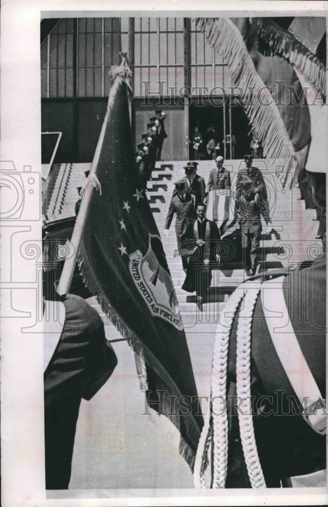 1965 Press Photo Chaplin leads fallen pilot from church at academy, Colorado- Historic Images