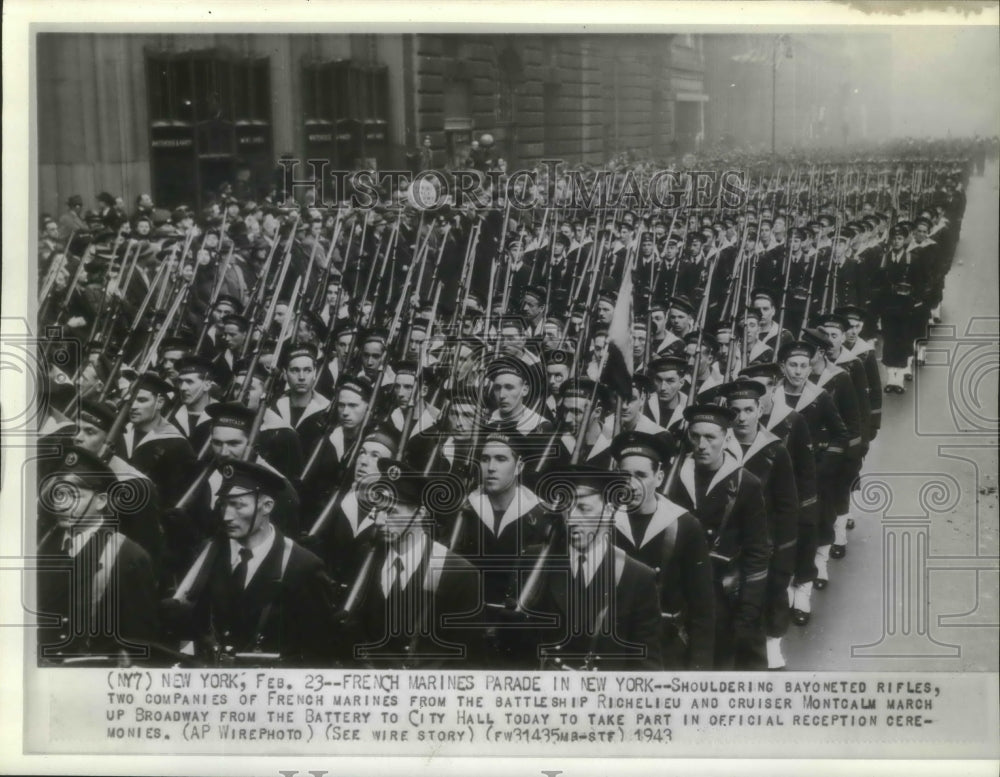 1943 Press Photo French marines from the battleship Richelieu parade in New York- Historic Images