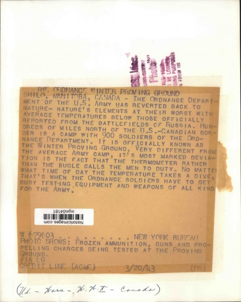 1943 Press Photo Frozen guns and equipment tested at Proving Ground in Canada