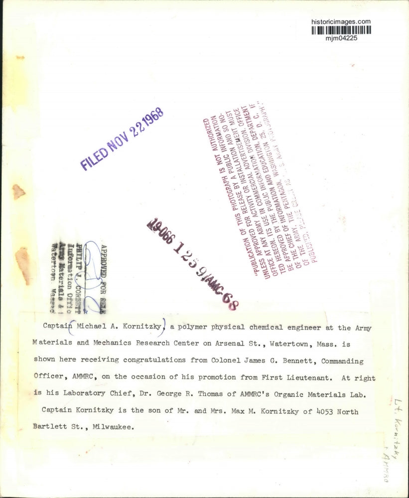 1968 Press Photo Michael A. Kornitzky is promoted to Captain, Massachusetts