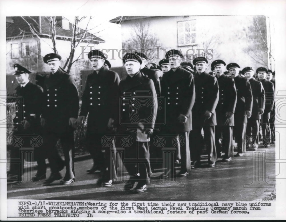 1956 Press Photo West German navy men marching in new uniforms, Wilhelmshaven- Historic Images