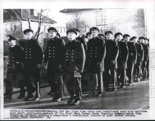 1956 Press Photo West German navy men marching in new uniforms, Wilhelmshaven- Historic Images